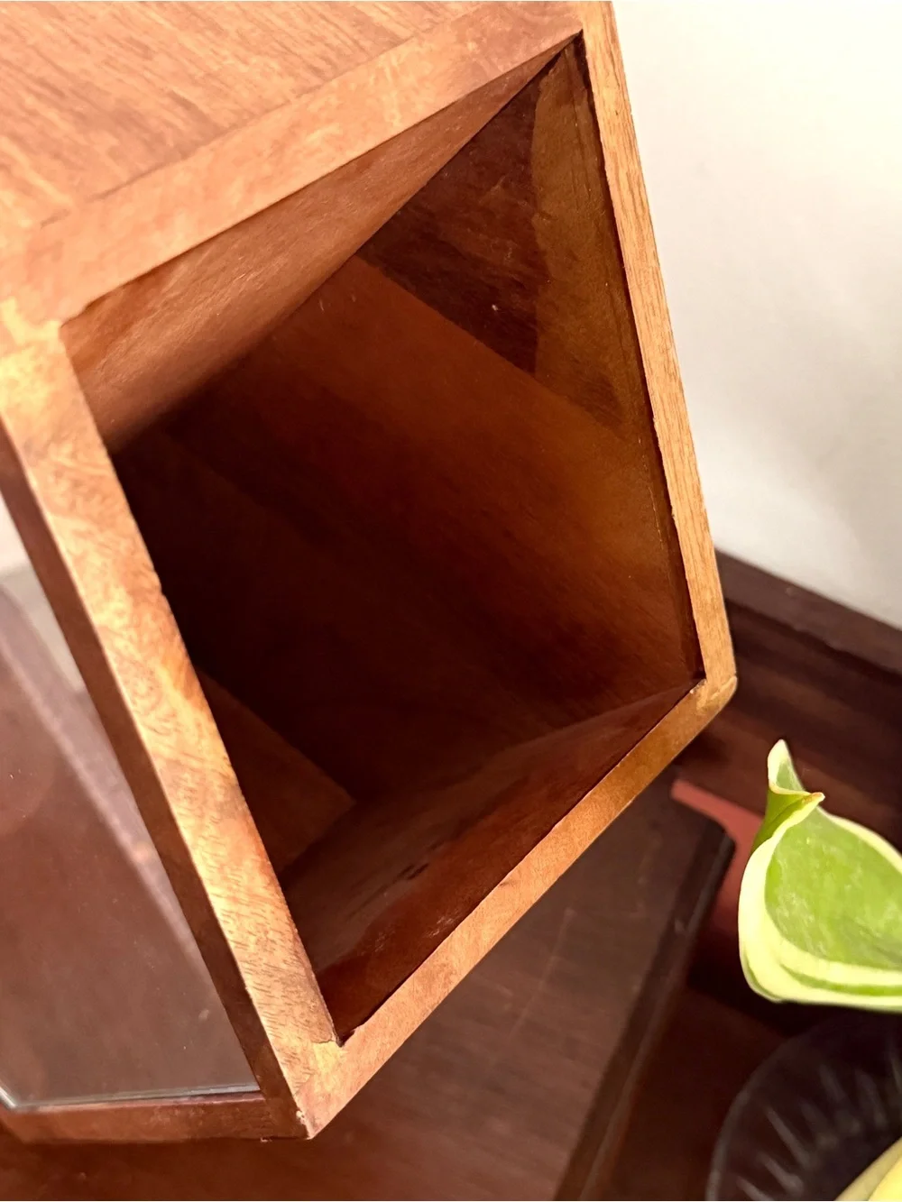 Project 62 Walnut Wood Mirrored Hexagon Wall Hanging Shelf Cubby MCM Vtg Style